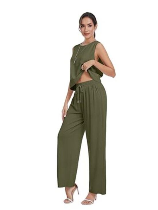 Women's Summer Two Piece Set Button Back Tank Top Flowy Beach Pants - Picture 3 of 7